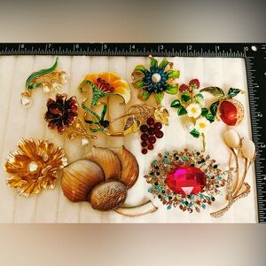 Lot 11 Rhinestone Enamel Flower Fruit Brooch Pins Mixed Color Gold Tone Jewelry